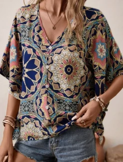 Outlet Women's Shirt Blouse Floral Bohemia Vintage Casual 3/4 Length Sleeve V Neck Regular Tops Daily Buttons Print Navy Blue Brown Summer Fall Women Boho Tops