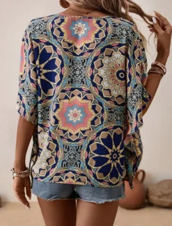 Outlet Women's Shirt Blouse Floral Bohemia Vintage Casual 3/4 Length Sleeve V Neck Regular Tops Daily Buttons Print Navy Blue Brown Summer Fall Women Boho Tops