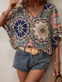 Outlet Women's Shirt Blouse Floral Bohemia Vintage Casual 3/4 Length Sleeve V Neck Regular Tops Daily Buttons Print Navy Blue Brown Summer Fall Women Boho Tops