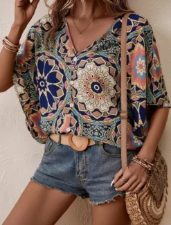 Outlet Women's Shirt Blouse Floral Bohemia Vintage Casual 3/4 Length Sleeve V Neck Regular Tops Daily Buttons Print Navy Blue Brown Summer Fall Women Boho Tops