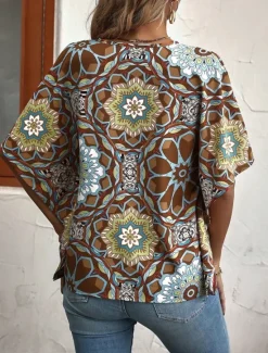 Outlet Women's Shirt Blouse Floral Bohemia Vintage Casual 3/4 Length Sleeve V Neck Regular Tops Daily Buttons Print Navy Blue Brown Summer Fall Women Boho Tops