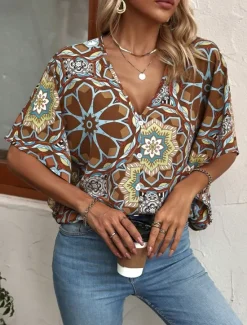 Outlet Women's Shirt Blouse Floral Bohemia Vintage Casual 3/4 Length Sleeve V Neck Regular Tops Daily Buttons Print Navy Blue Brown Summer Fall Women Boho Tops
