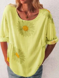 Sale Women's Shirt Blouse Floral Fashion Long Sleeve Round Neck Regular Tops Casual Holiday Buttons Print Black White Yellow Pink Green Spring & Fall Women Spring Tops