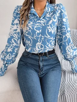 Best Women's Shirt Blouse Floral Stylish Casual Long Sleeve Shirt Collar Regular Tops Daily Buttons Print White Navy Blue Light Blue Summer Spring Women Spring Tops