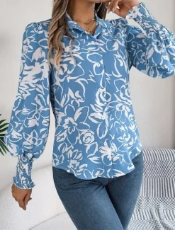 Best Women's Shirt Blouse Floral Stylish Casual Long Sleeve Shirt Collar Regular Tops Daily Buttons Print White Navy Blue Light Blue Summer Spring Women Spring Tops