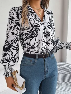 Best Women's Shirt Blouse Floral Stylish Casual Long Sleeve Shirt Collar Regular Tops Daily Buttons Print White Navy Blue Light Blue Summer Spring Women Spring Tops