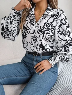 Best Women's Shirt Blouse Floral Stylish Casual Long Sleeve Shirt Collar Regular Tops Daily Buttons Print White Navy Blue Light Blue Summer Spring Women Spring Tops