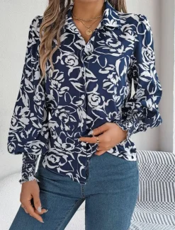 Best Women's Shirt Blouse Floral Stylish Casual Long Sleeve Shirt Collar Regular Tops Daily Buttons Print White Navy Blue Light Blue Summer Spring Women Spring Tops