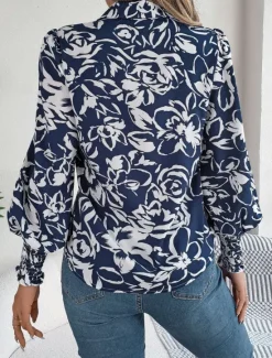Best Women's Shirt Blouse Floral Stylish Casual Long Sleeve Shirt Collar Regular Tops Daily Buttons Print White Navy Blue Light Blue Summer Spring Women Spring Tops