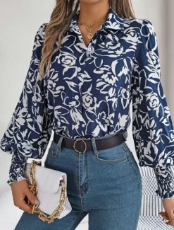 Best Women's Shirt Blouse Floral Stylish Casual Long Sleeve Shirt Collar Regular Tops Daily Buttons Print White Navy Blue Light Blue Summer Spring Women Spring Tops