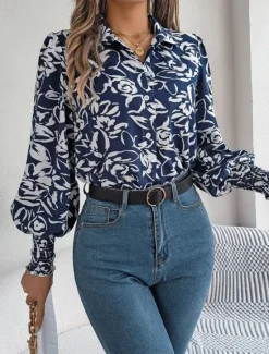 Best Women's Shirt Blouse Floral Stylish Casual Long Sleeve Shirt Collar Regular Tops Daily Buttons Print White Navy Blue Light Blue Summer Spring Women Spring Tops