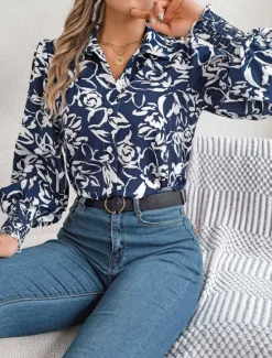 Best Women's Shirt Blouse Floral Stylish Casual Long Sleeve Shirt Collar Regular Tops Daily Buttons Print White Navy Blue Light Blue Summer Spring Women Spring Tops