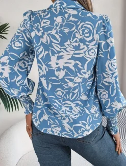 Best Women's Shirt Blouse Floral Stylish Casual Long Sleeve Shirt Collar Regular Tops Daily Buttons Print White Navy Blue Light Blue Summer Spring Women Spring Tops