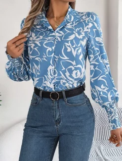 Best Women's Shirt Blouse Floral Stylish Casual Long Sleeve Shirt Collar Regular Tops Daily Buttons Print White Navy Blue Light Blue Summer Spring Women Spring Tops