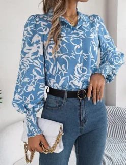 Best Women's Shirt Blouse Floral Stylish Casual Long Sleeve Shirt Collar Regular Tops Daily Buttons Print White Navy Blue Light Blue Summer Spring Women Spring Tops