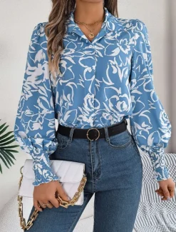 Best Women's Shirt Blouse Floral Stylish Casual Long Sleeve Shirt Collar Regular Tops Daily Buttons Print White Navy Blue Light Blue Summer Spring Women Spring Tops