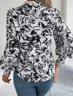 Best Women's Shirt Blouse Floral Stylish Casual Long Sleeve Shirt Collar Regular Tops Daily Buttons Print White Navy Blue Light Blue Summer Spring Women Spring Tops