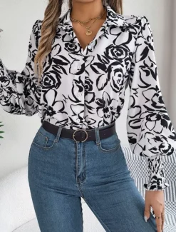 Best Women's Shirt Blouse Floral Stylish Casual Long Sleeve Shirt Collar Regular Tops Daily Buttons Print White Navy Blue Light Blue Summer Spring Women Spring Tops
