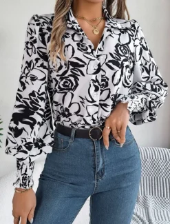 Best Women's Shirt Blouse Floral Stylish Casual Long Sleeve Shirt Collar Regular Tops Daily Buttons Print White Navy Blue Light Blue Summer Spring Women Spring Tops