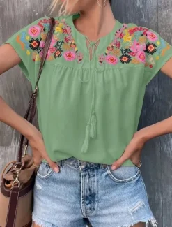 Best Women's Shirt Blouse Floral Bohemia Stylish Casual Short Sleeve V Neck Regular Tops Daily Tie Front Patchwork Embroidered White Green Summer Spring Fall Women Spring Tops