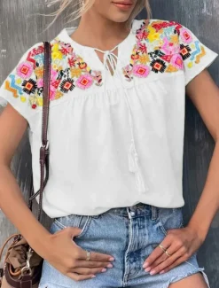 Best Women's Shirt Blouse Floral Bohemia Stylish Casual Short Sleeve V Neck Regular Tops Daily Tie Front Patchwork Embroidered White Green Summer Spring Fall Women Spring Tops