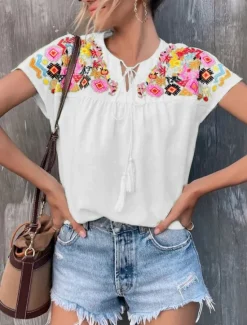 Best Women's Shirt Blouse Floral Bohemia Stylish Casual Short Sleeve V Neck Regular Tops Daily Tie Front Patchwork Embroidered White Green Summer Spring Fall Women Spring Tops