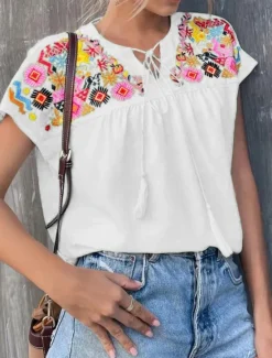 Best Women's Shirt Blouse Floral Bohemia Stylish Casual Short Sleeve V Neck Regular Tops Daily Tie Front Patchwork Embroidered White Green Summer Spring Fall Women Spring Tops