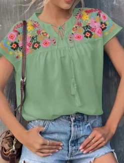 Best Women's Shirt Blouse Floral Bohemia Stylish Casual Short Sleeve V Neck Regular Tops Daily Tie Front Patchwork Embroidered White Green Summer Spring Fall Women Spring Tops
