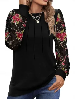 Outlet Women's Shirt Blouse Floral Casual Long Sleeve Crew Neck Regular Tops Daily Patchwork Print Black Brown Fall Winter Women Blouses & Shirts