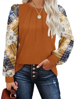 Outlet Women's Shirt Blouse Floral Casual Long Sleeve Crew Neck Regular Tops Daily Patchwork Print Black Brown Fall Winter Women Blouses & Shirts