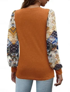 Outlet Women's Shirt Blouse Floral Casual Long Sleeve Crew Neck Regular Tops Daily Patchwork Print Black Brown Fall Winter Women Blouses & Shirts