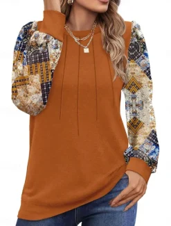 Outlet Women's Shirt Blouse Floral Casual Long Sleeve Crew Neck Regular Tops Daily Patchwork Print Black Brown Fall Winter Women Blouses & Shirts