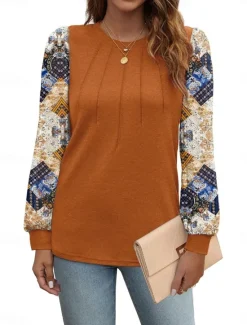 Outlet Women's Shirt Blouse Floral Casual Long Sleeve Crew Neck Regular Tops Daily Patchwork Print Black Brown Fall Winter Women Blouses & Shirts
