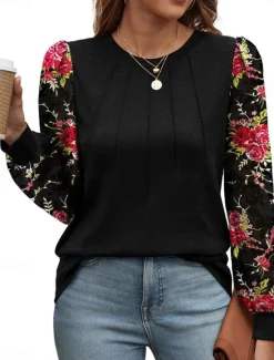 Outlet Women's Shirt Blouse Floral Casual Long Sleeve Crew Neck Regular Tops Daily Patchwork Print Black Brown Fall Winter Women Blouses & Shirts