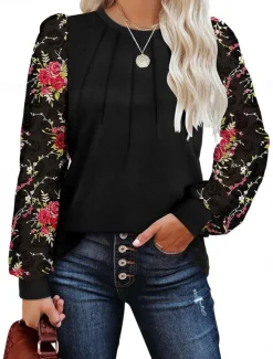Outlet Women's Shirt Blouse Floral Casual Long Sleeve Crew Neck Regular Tops Daily Patchwork Print Black Brown Fall Winter Women Blouses & Shirts