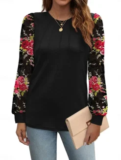 Outlet Women's Shirt Blouse Floral Casual Long Sleeve Crew Neck Regular Tops Daily Patchwork Print Black Brown Fall Winter Women Blouses & Shirts