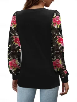 Outlet Women's Shirt Blouse Floral Casual Long Sleeve Crew Neck Regular Tops Daily Patchwork Print Black Brown Fall Winter Women Blouses & Shirts