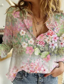 Best Women's Shirt Blouse Floral Stylish Casual Long Sleeve Shirt Collar Regular Tops Daily Buttons Print Purple Green Summer Spring Women Spring Tops