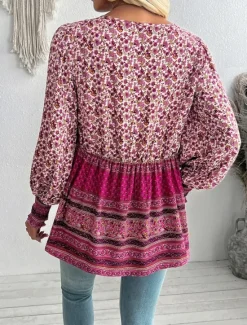 Online Women's Shirt Blouse Floral Bohemia Casual Long Sleeve V Neck Regular Tops Daily Print Blue Fuchsia Spring Fall Women Spring Tops