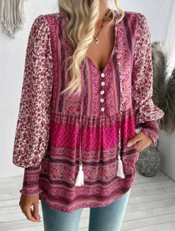 Online Women's Shirt Blouse Floral Bohemia Casual Long Sleeve V Neck Regular Tops Daily Print Blue Fuchsia Spring Fall Women Spring Tops