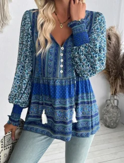 Online Women's Shirt Blouse Floral Bohemia Casual Long Sleeve V Neck Regular Tops Daily Print Blue Fuchsia Spring Fall Women Spring Tops