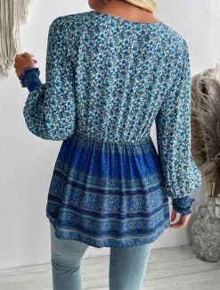 Online Women's Shirt Blouse Floral Bohemia Casual Long Sleeve V Neck Regular Tops Daily Print Blue Fuchsia Spring Fall Women Spring Tops