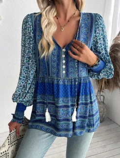 Online Women's Shirt Blouse Floral Bohemia Casual Long Sleeve V Neck Regular Tops Daily Print Blue Fuchsia Spring Fall Women Spring Tops