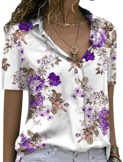 Best Women's Shirt Blouse Floral Stylish Casual Short Sleeve Shirt Collar Regular Tops Daily Buttons Print Blue Purple Green Summer Spring Women Spring Tops