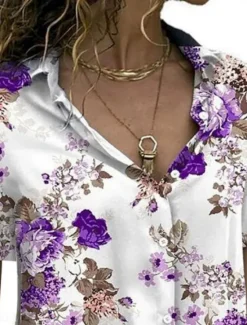 Best Women's Shirt Blouse Floral Stylish Casual Short Sleeve Shirt Collar Regular Tops Daily Buttons Print Blue Purple Green Summer Spring Women Spring Tops