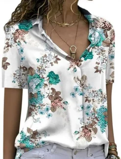 Best Women's Shirt Blouse Floral Stylish Casual Short Sleeve Shirt Collar Regular Tops Daily Buttons Print Blue Purple Green Summer Spring Women Spring Tops