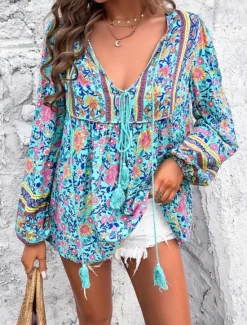 Sale Women's Shirt Blouse Floral Active Casual Long Sleeve V Neck Regular Tops Daily Tie Front Print Spring Fall Women Spring Tops