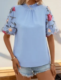 Clearance Women's Shirt Blouse Floral Casual Short Sleeve Turtleneck Regular Tops Daily Mesh Patchwork Embroidered Summer Spring Women Spring Tops