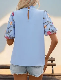 Clearance Women's Shirt Blouse Floral Casual Short Sleeve Turtleneck Regular Tops Daily Mesh Patchwork Embroidered Summer Spring Women Spring Tops