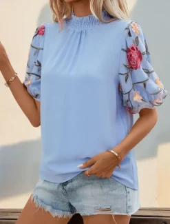 Clearance Women's Shirt Blouse Floral Casual Short Sleeve Turtleneck Regular Tops Daily Mesh Patchwork Embroidered Summer Spring Women Spring Tops